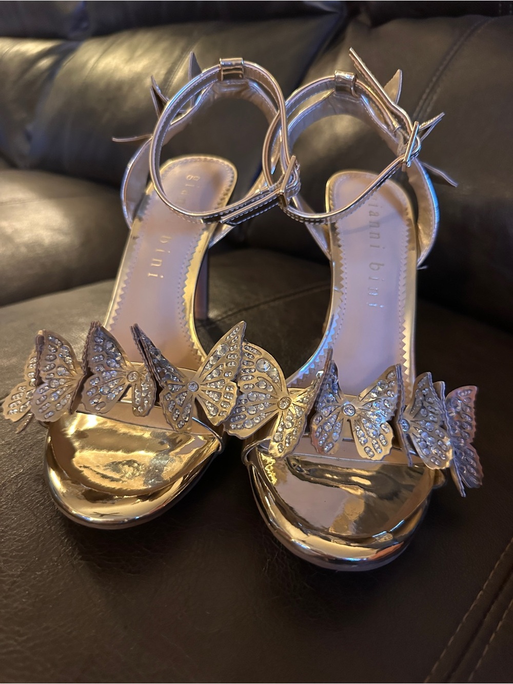 Gianni Bini Orlenna Gold Butterfly Embellished Leather Heeled Sandals
